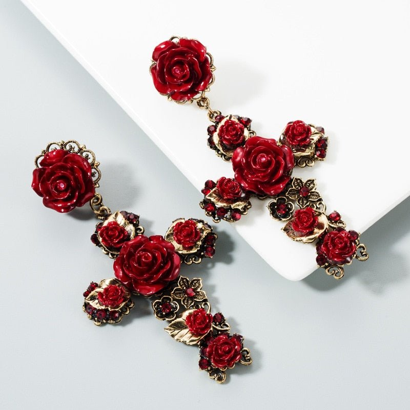 Années 50 Boucles d'oreilles Croix Roses Baroque - Ma Penderie Vintage