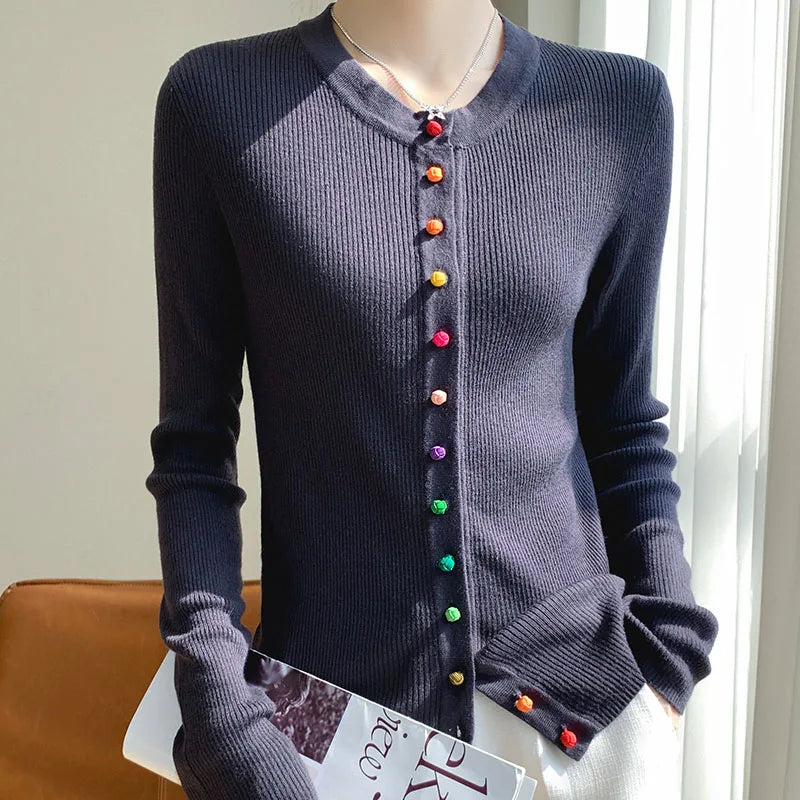 Années 50 Cardigan Maille Côtelée Boutons Multicolores - Ma Penderie Vintage