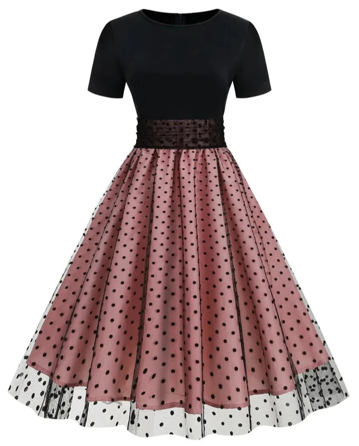 Années 50 Robe Évasée Pin Up Résille À Pois - Ma Penderie Vintage