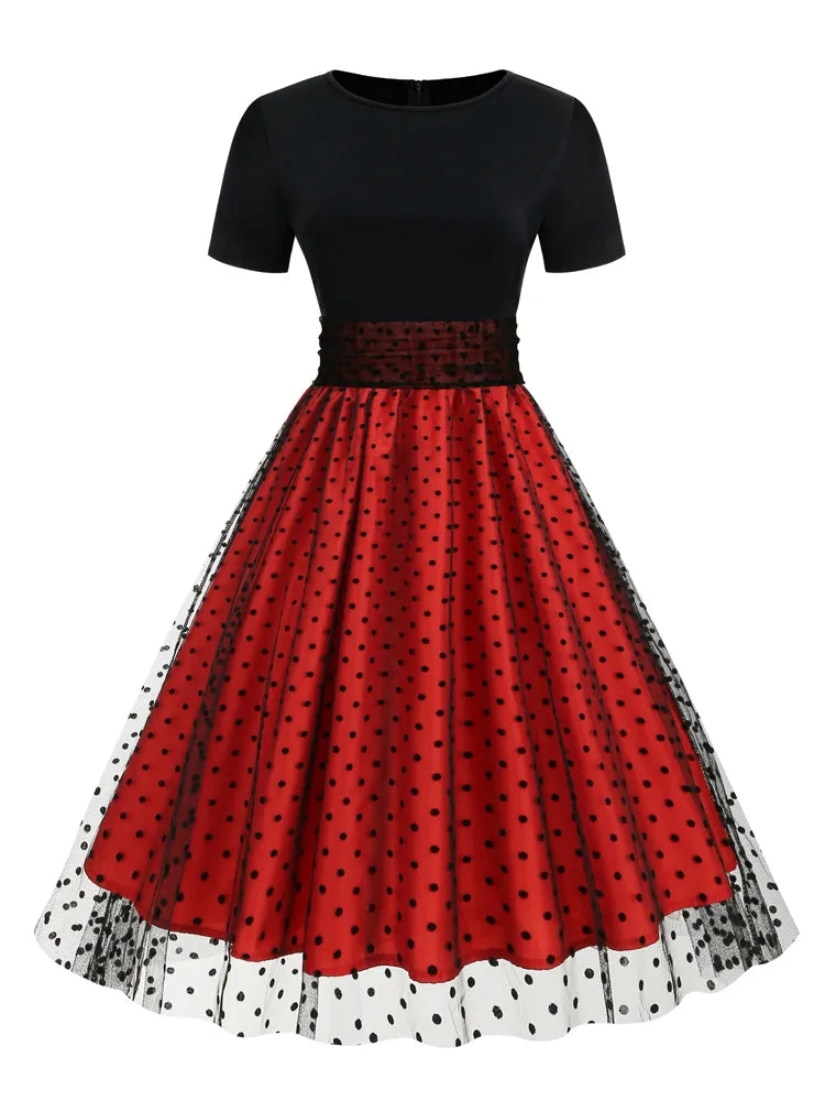 Années 50 Robe Évasée Pin Up Résille À Pois - Ma Penderie Vintage