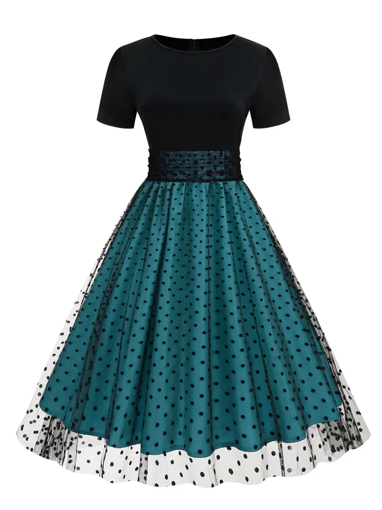 Années 50 Robe Évasée Pin Up Résille À Pois - Ma Penderie Vintage