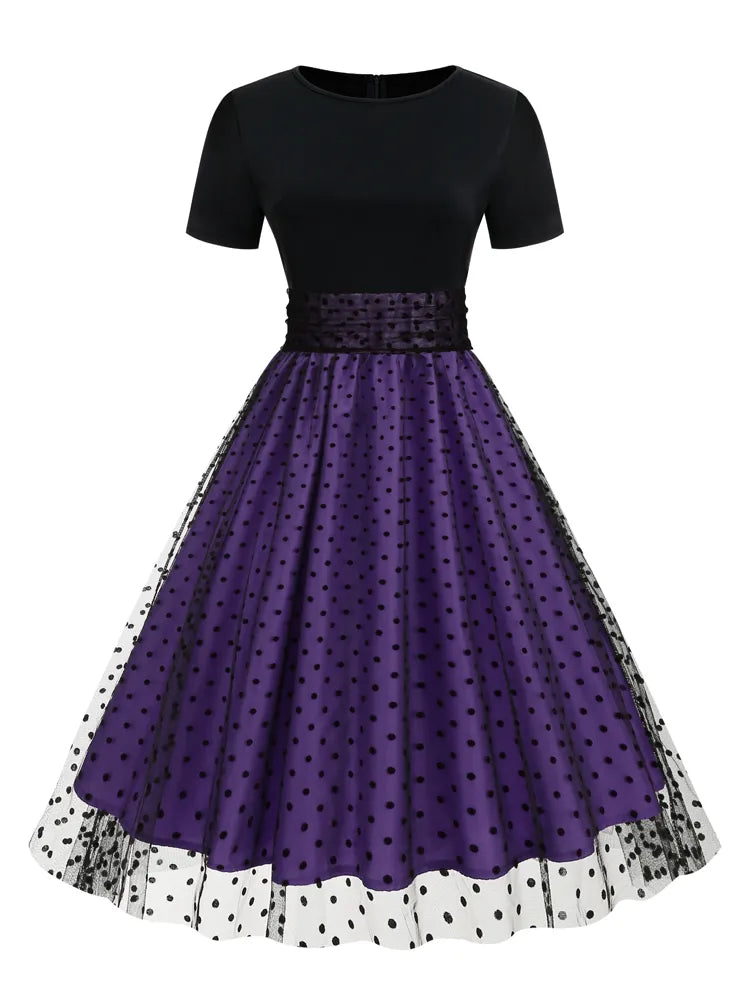 Années 50 Robe Évasée Pin Up Résille À Pois - Ma Penderie Vintage